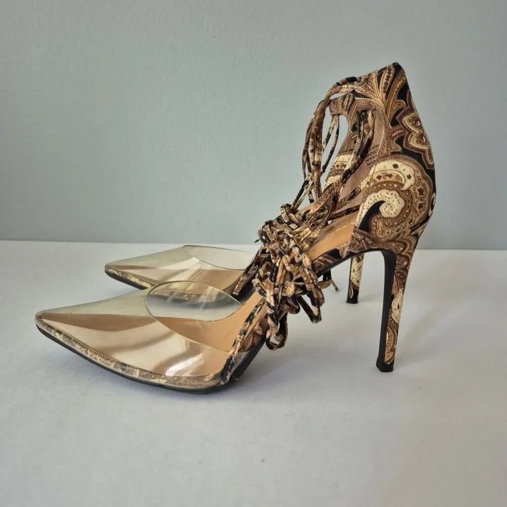 Jessica Simpson Brown Black Paisley Hemmie Wrap Around Calf High Heels Womens 6M